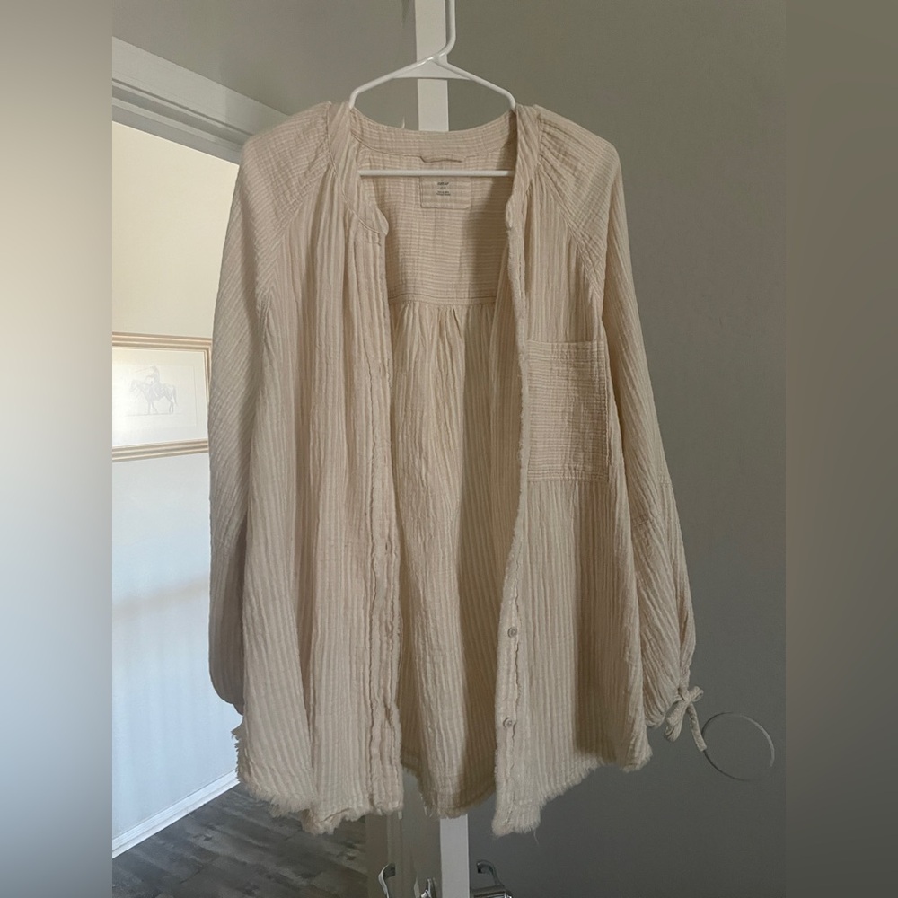 aerie daybreak cover up shirt in oat stripe